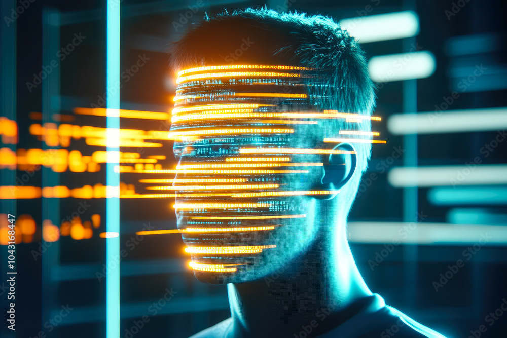 Poster a digital profile with horizontal orange light streams, representing the flow of information and the