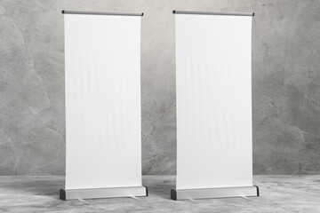 2 Blank mockup of Retractable Roller Banner Pop up. Trade show Exhibition. For Marketing and...
