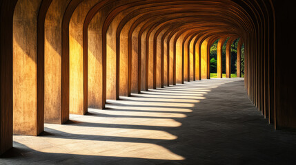 Stunning view of curved wooden beams casting shadows in serene setting
