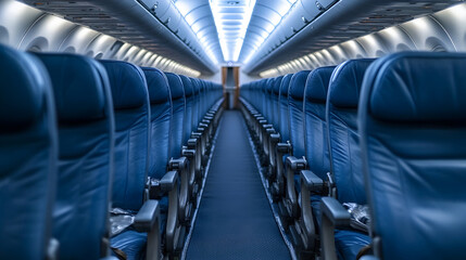 Obraz premium An Endless Row of Empty Airplane Cabin Seats Awaiting Passengers for a Upcoming Flight