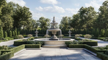 A luxurious estate garden featuring manicured hedges and a grand fountain, symbolizing wealth, status, and refined beauty