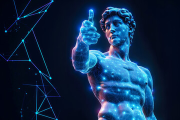 A statue with a blue glowing network creates a captivating concept combining human form and futuristic digital connections.