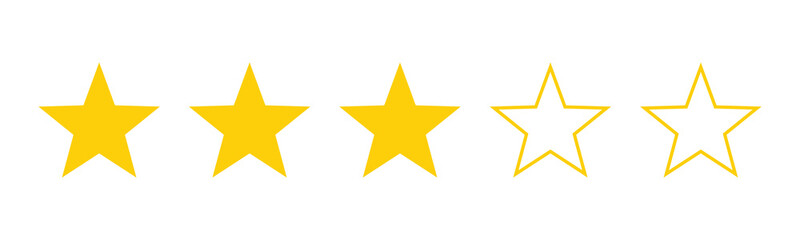 Three out of five stars customer product review icon. Yellow 3 star rating feedback for website, app, ui design. PNG transparent