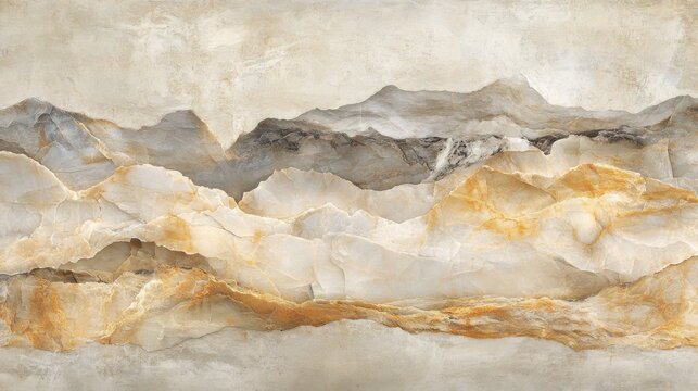 Close-up of a marble surface with a mountain range pattern, featuring a mix of cream, gray, and gold tones.