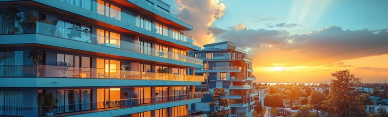 Obraz premium Sunset view of a building with balconies and a balcony, real estate, banner, copy space