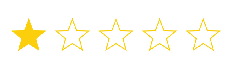 One out of five stars customer product review icon. Yellow 1 star rating feedback for website, app, ui design. Vector illustration.