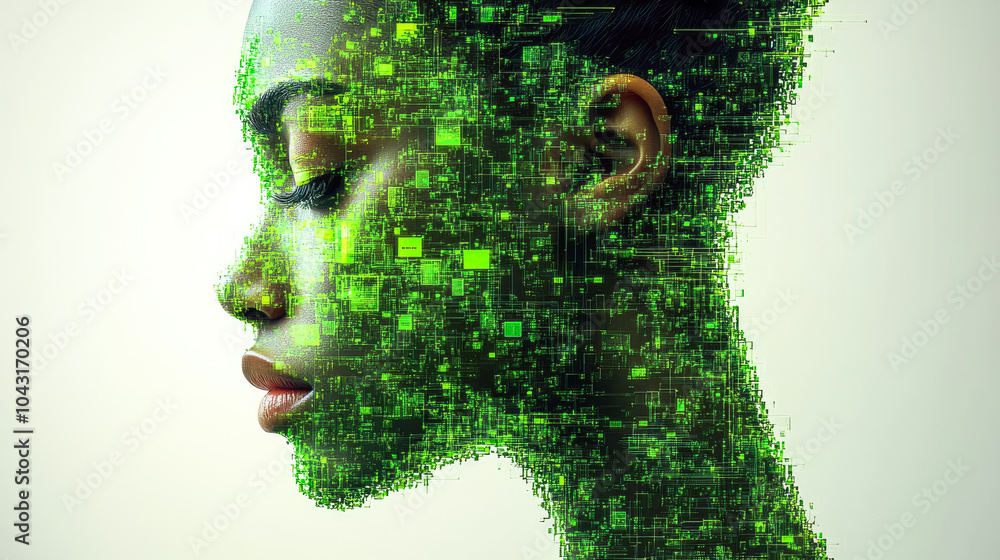 Wall mural a woman's profile merged with green digital circuits, symbolizing human integration with technologic