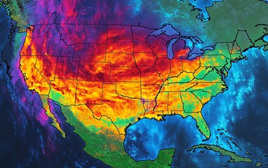 Colorful thermal map of the United States showing temperature variations across different regions in a vivid gradient representation.