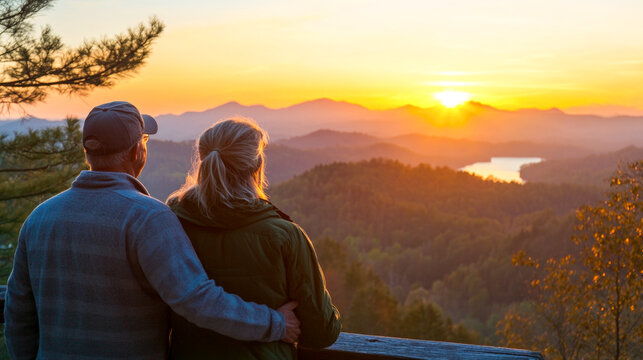 Romantic senior couple enjoying tranquil mountain sunset over majestic landscape horizon - Powered by Adobe