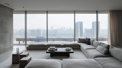 Minimalist living room with low furniture, a soft gray palette, and expansive windows that frame a panoramic view of the city skyline.