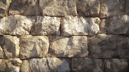 Close-up of a weathered stone wall with irregular stones and soft lighting.