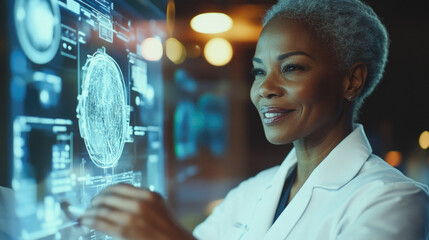 Smiling scientist interacting with futuristic holographic brain interface in modern laboratory