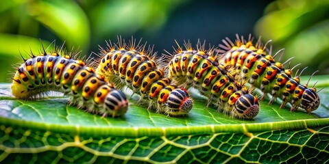 Fototapeta premium Long Exposure of Three Plump Caterpillars on a Leaf, Capturing Nature's Beauty, Macro Photography of Insects, Garden Life, Slow Shutter Speed, Vibrant Colors, Unique Perspective