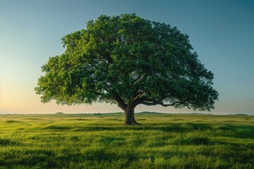Fototapeta premium Lone tree in a grassy field with a blue sky