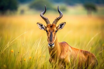 Hartebeest grazing in lush grass in Central Serengeti macro