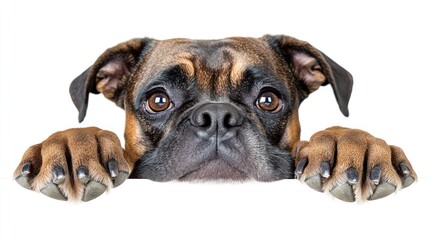 Obraz premium A close-up of a dog's face with paws resting on a surface, looking curiously.