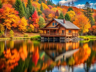 Fototapeta premium Luxurious Log Cabin Overlooking Serene Lake in Autumn with Bokeh Effect for Tranquil Nature Scenes, Cozy Getaways, and Scenic Landscapes
