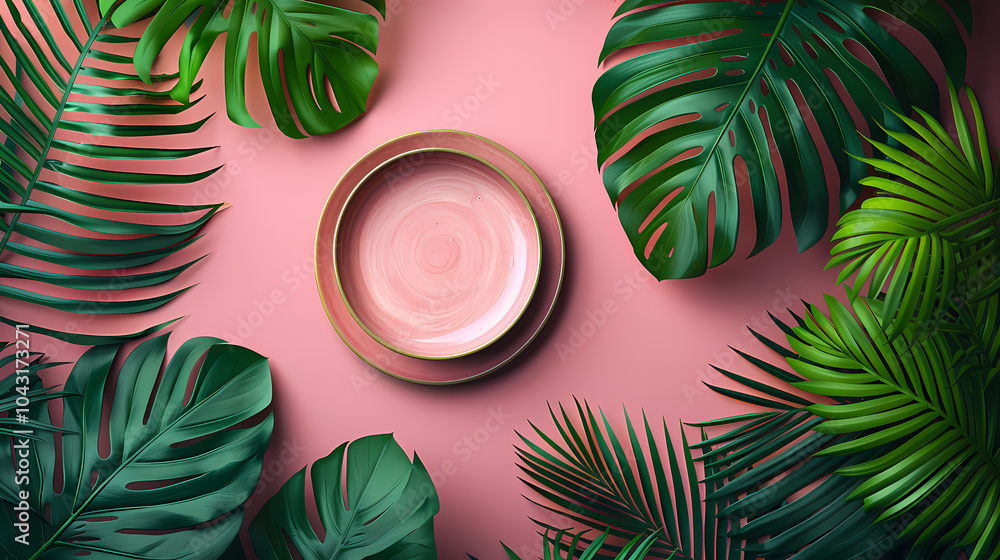 Poster plates in coconut palm tree background generated ai