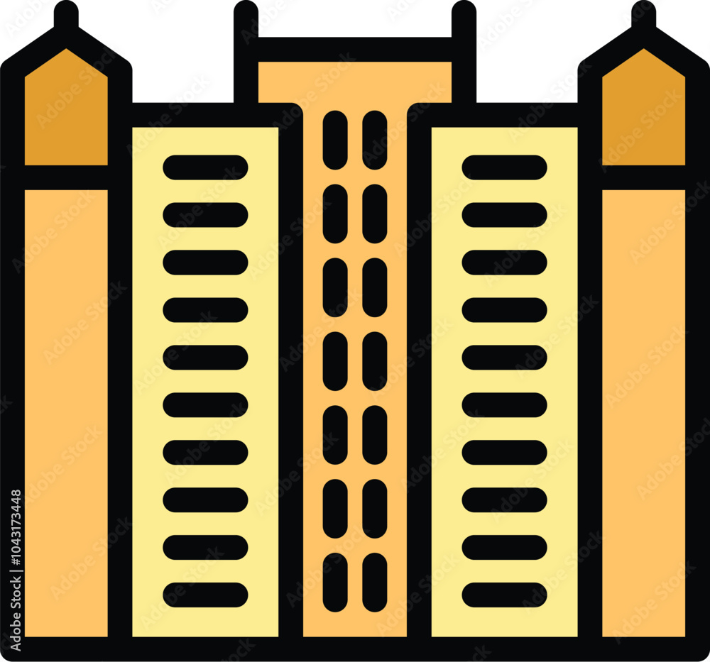 Poster simple colorful icon representing a modern multi storey building facade with towers, suitable for ar