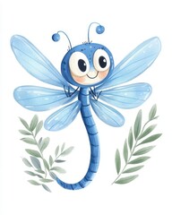 Adorable watercolor dragonfly illustration with a happy expression, perfect for nursery decor and children's art