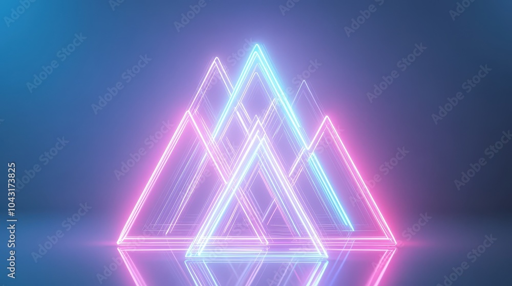 Wall mural glowing geometric shapes with neon lights arranged in a high-tech futuristic design on a reflective 
