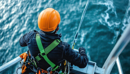 Electrician working on wind turbine over the ocean