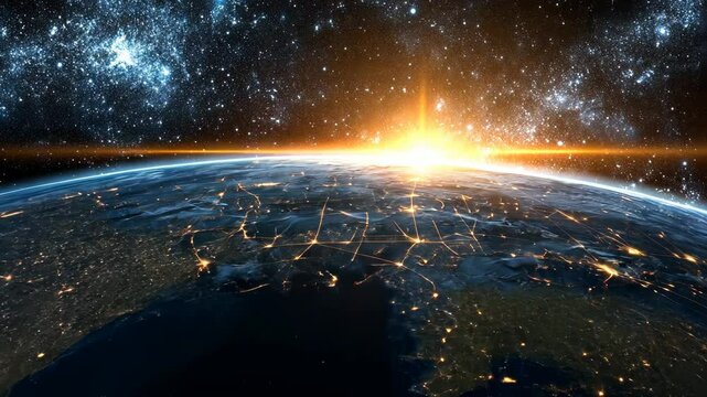 A sunrise over Earth, seen from space, with a network of lights representing interconnectedness
