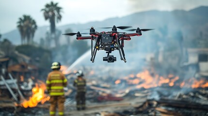 drone hovering over a disaster site, feeding live video back to a firefighter team as they coordinate their rescue efforts