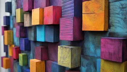 Colorful wooden blocks arranged in a mosaic pattern.