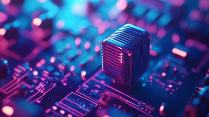 Obraz premium A futuristic server sits atop a glowing circuit board, bathed in vibrant blue and purple light.