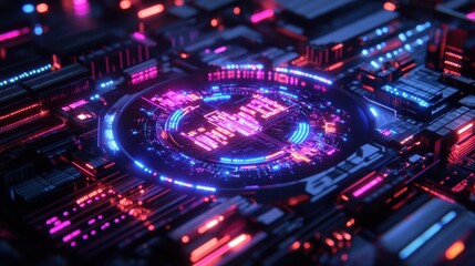 Fototapeta premium Futuristic digital platform showcasing vibrant holographic displays and advanced technology in a modern setting.