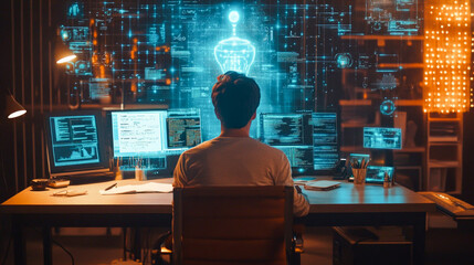 Developer immersed in futuristic holographic interface in dimly lit workspace