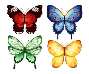 Butterfly Collection Illustration Set. Beautiful Watercolor Tropical Moths Isolated on White Background. Flying Cute Insects with Colorful Wings