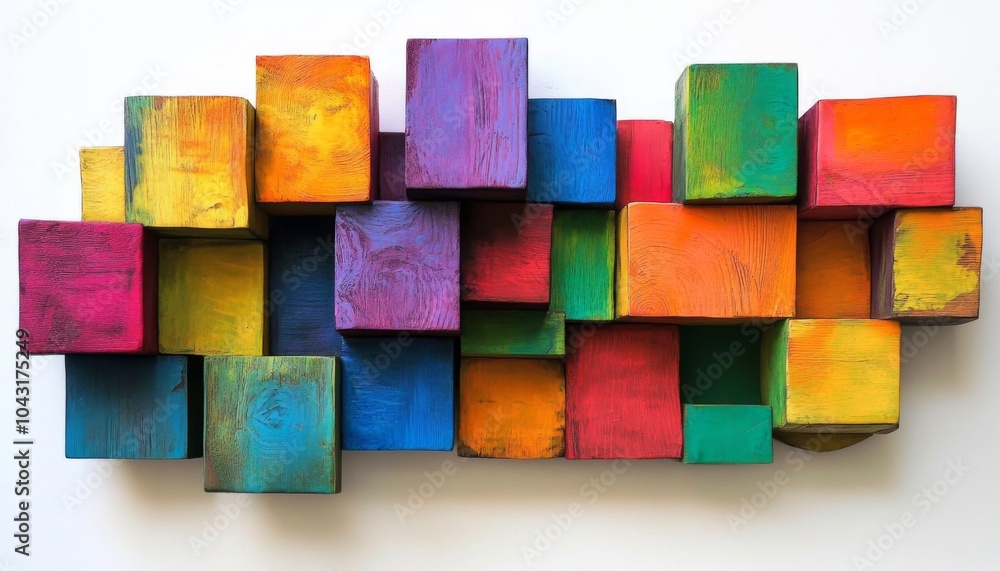Poster colorful wooden blocks arranged in a random pattern.