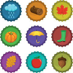 Autumn icons on colorful bottle caps.