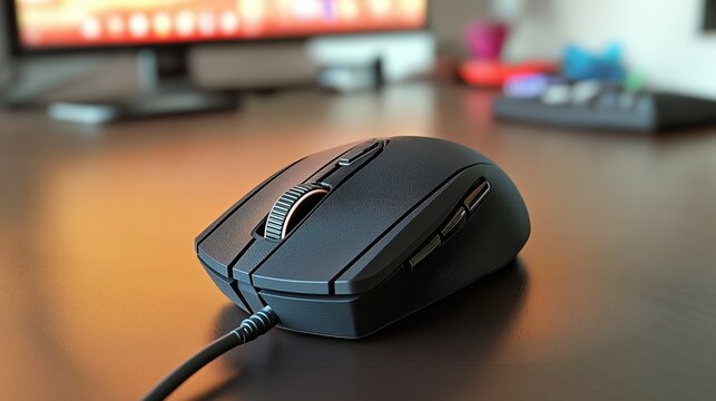 A black wired mouse with multiple buttons and a scroll wheel, placed on a clean desk setup