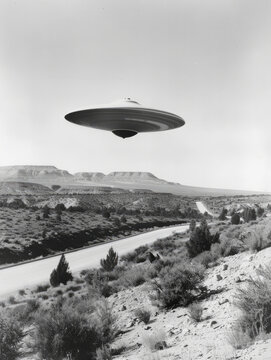 Retro vintage black and white photograph movie poster dramatic UFO flying saucer over a big city news style 1960s sci-fi science fiction alien invasion journalistic hoax conspiracy theory concepts	