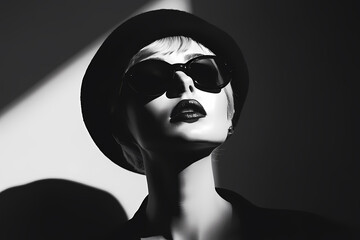 portrait of a vintage model, styled with a retro risograph effect that emphasizes bold contrasts and textured shadows

