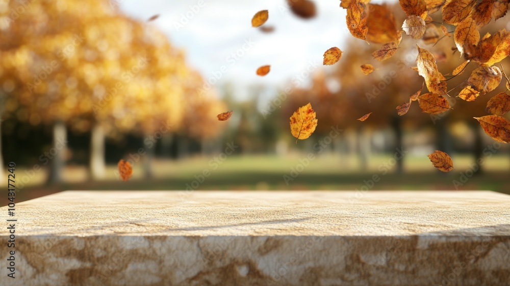 Poster a serene autumn scene with floating leaves and a stone surface in a blurred park background.
