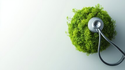 Green globe with stethoscope on blue background,representing World Health Day, telemedicine business, and life insurance technology,Global Health Awareness,Save Earth,Green Earth Day,ESG.