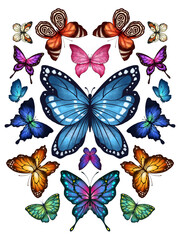 Butterfly Collection Illustration Set. Beautiful Watercolor Tropical Moths Isolated on White Background. Flying Cute Insects with Colorful Wings