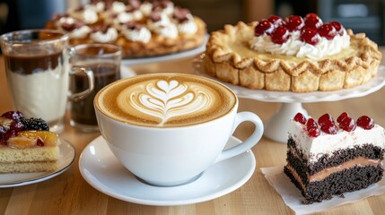 A cup of latte art with beautiful swirls sits on the table, accompanied by sweet pastries. Topped with fresh strawberries and crunchy nuts, this delightful spread adds a perfect touch to the cozy scen