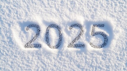 Symbol of 2025 Happy new year drawn by hand on pure white,drawing on snowdrift,lettering,Postcard,number 2025 concept,winter season and holiday,2025 goal planning business concept.