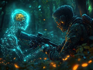 Exploring the Intersection of Humanity and Technology in a Futuristic Encounter in Nature