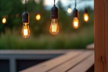 Obraz premium Dimmable hanging lights create a festive mood for a cozy outdoor gathering under the stars.