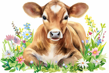 Watercolor painting of a young jersey calf lying in a field surrounded by colorful wildflowers