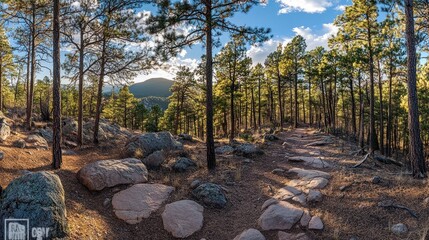 Scenic forest path winding through tall trees and rocky terrain under a blue sky.