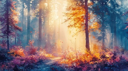 A sunbeam illuminates a misty forest path with fall foliage.