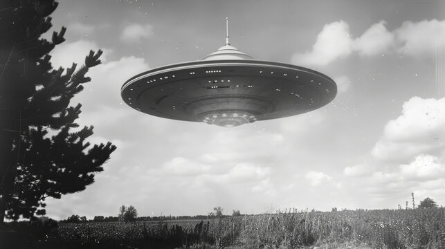 Retro vintage black and white photograph movie poster dramatic UFO flying saucer over a big city news style 1960s sci-fi science fiction alien invasion journalistic hoax conspiracy theory concepts	