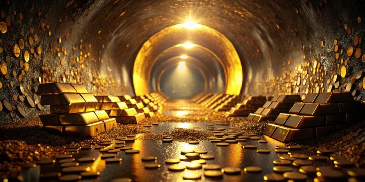Minimalist Photography of an Underground Tunnel with Treasure, Gold Bars, and Coins for Unique Stock Images